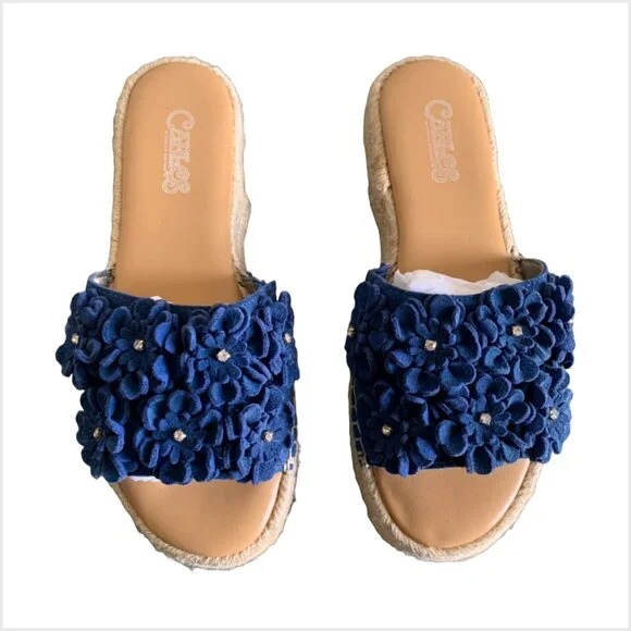 NWOB Carlos Santana Women's Chandler Blue Suede Rhinestone Floral Sandals Sz 5.5 - Picture 2 of 5